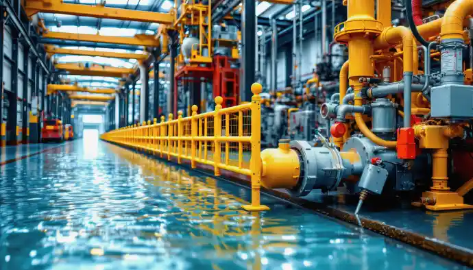 Réseau industriel d'eau de procédé, tuyauteries jaunes