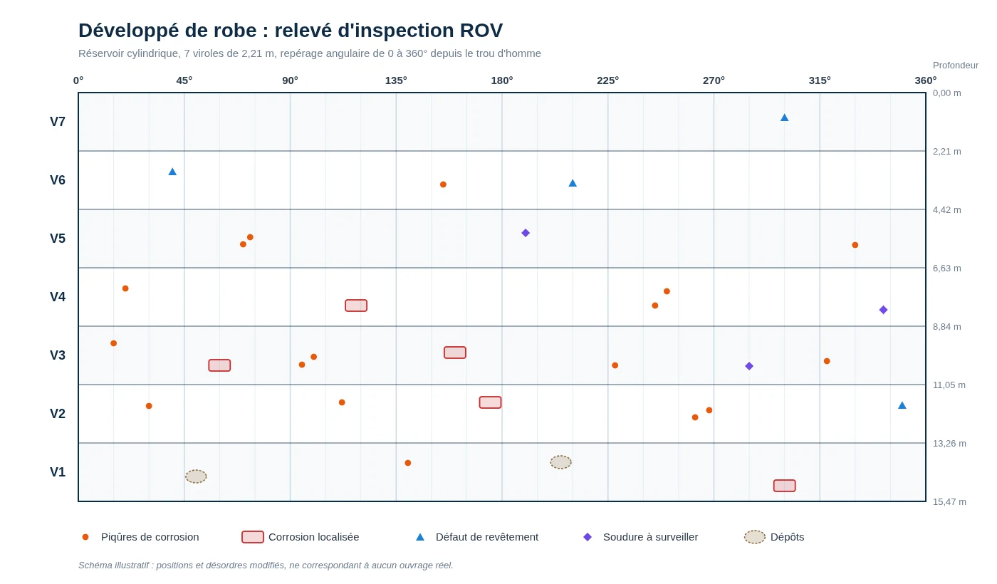 Développé de robe d'un réservoir industriel : défauts localisés par ROV sur les viroles V1 à V7, piqûres, corrosion localisée, défauts de revêtement, soudures et dépôts
