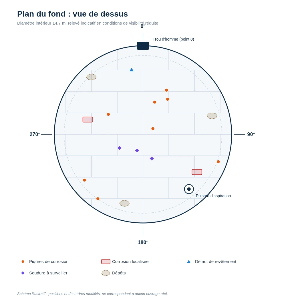 Plan du fond d'un réservoir industriel : tôles de fond, trou d'homme, puisard et défauts localisés par ROV