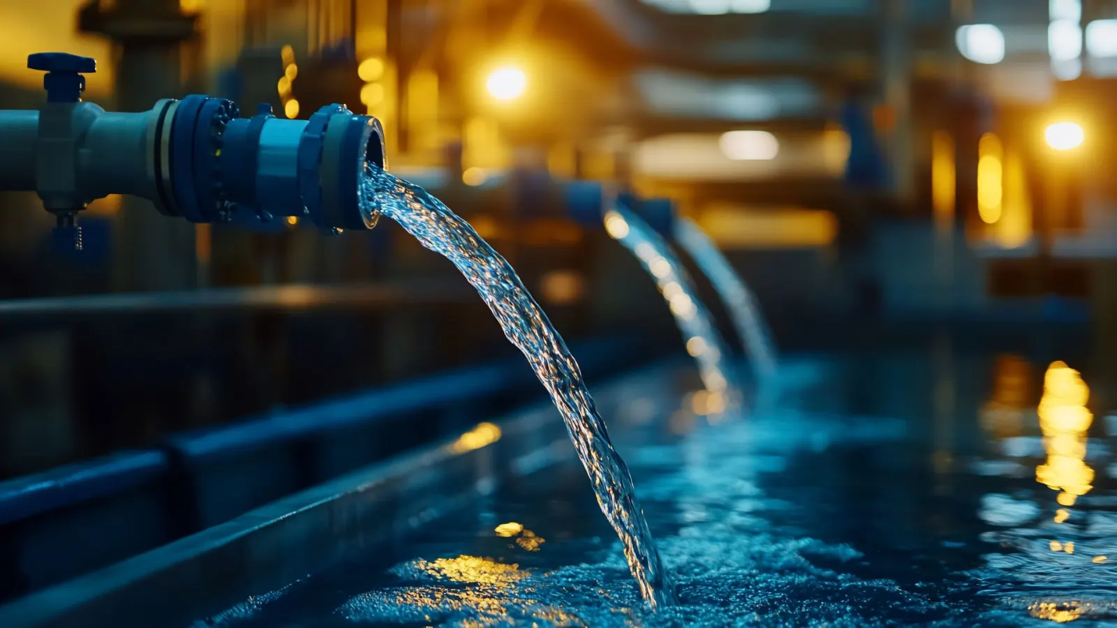 Eau de process s'écoulant dans un bassin de traitement industriel